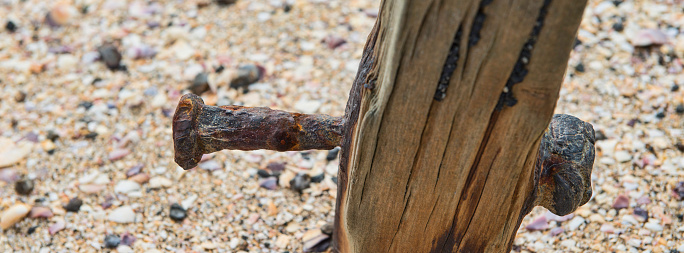 An old rusted nail in a piece of wood