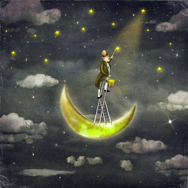 istock Man draws  stars  at top of tall ladder 480044194