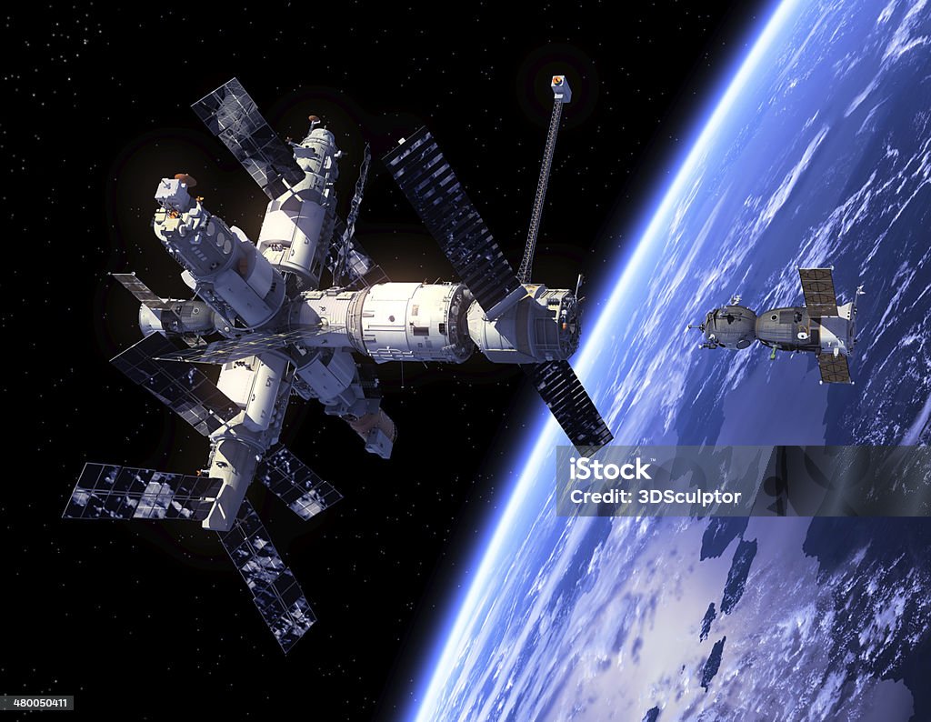 Spacecraft Soyuz And Space Station Spacecraft "Soyuz" And Space Station. 3D Scene. Space Station Stock Photo