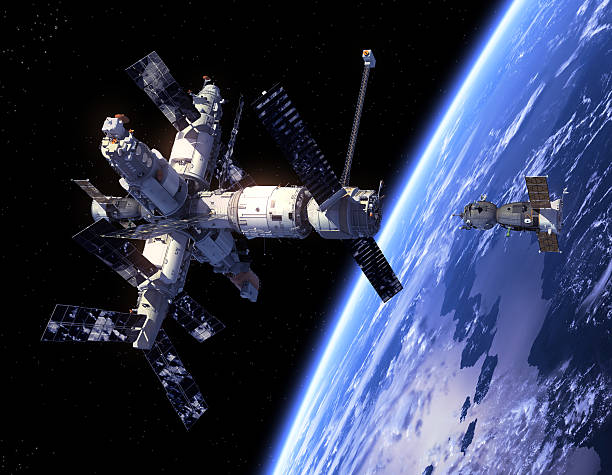 Spacecraft Soyuz And Space Station Spacecraft "Soyuz" And Space Station. 3D Scene. international space station stock pictures, royalty-free photos & images