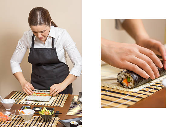 istock Woman chef rolling up sushi and hand work detail 480051053