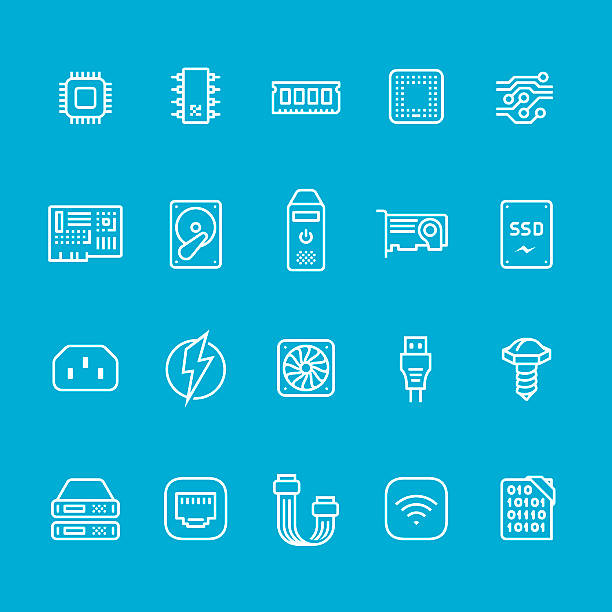 Hardware and computer part icons collection Hardware and computer part, stroke vector icons kit. three pin plug stock illustrations