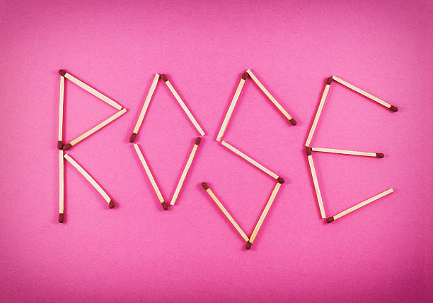 Word ROSE made of matchsticks isolated on red background.