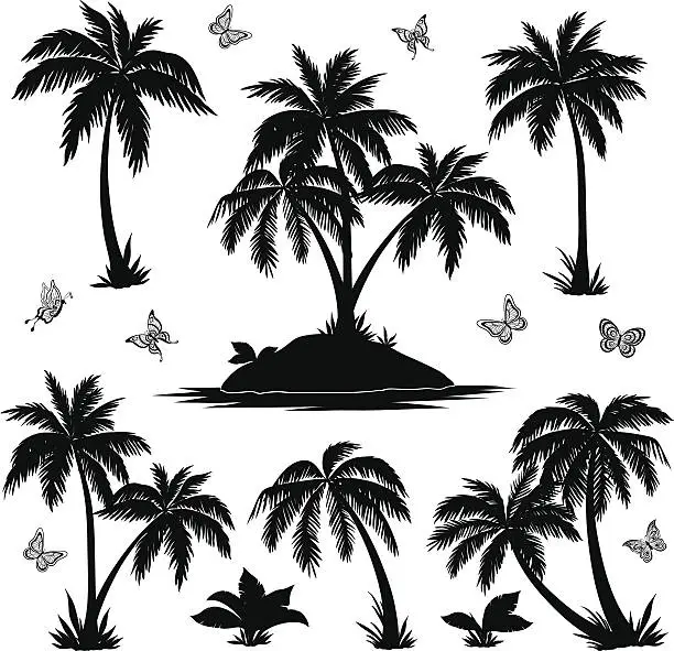 Vector illustration of Tropical island, palms and butterflies silhouettes