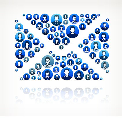 Letter Business People Faces Finance and Teamwork Pattern. This vector collage has blue round buttons arrange in seamless patter. Individual iconography on the buttons shows business people portraits. Businessmen and businesswomen convey a feeling of unity teamwork and partnership. This royalty free vector background graphic is ideal for your business and finance concepts.