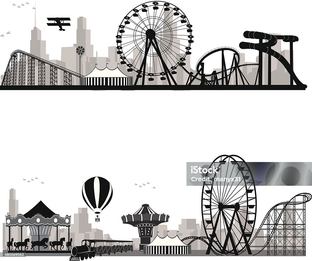 Vector illustration.Roller Coaster Silhouette .Carousel Vector illustration.Roller Coaster Silhouette with carrousel Ferris Wheel stock vector