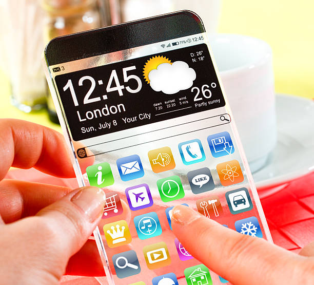 istock Smartphone with transparent screen in human hands. 480070279