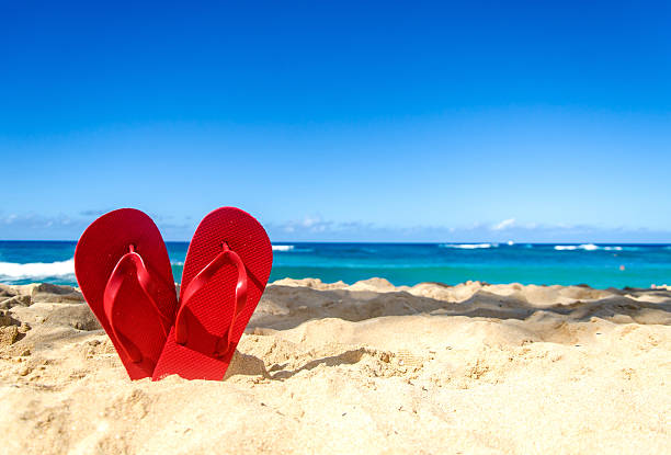 Red flip flops on the sandy beach Red flip flops in heart shapes on the sandy beach in Hawaii, Kauai (romantic concept) thong stock pictures, royalty-free photos & images