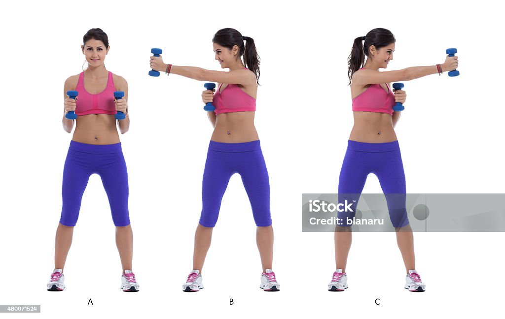 Dumbells - Cross jab Step by step instructions for arms: Stand with your feet a bit wider than hip width and knees slightly bent. Hold the dumbbells at chest height with elbows bent and palms facing each other. (A) Extend your left arm across your body until the weight is in line with your right shoulder. (B) Repeat with the right arm. (C) 2015 Stock Photo