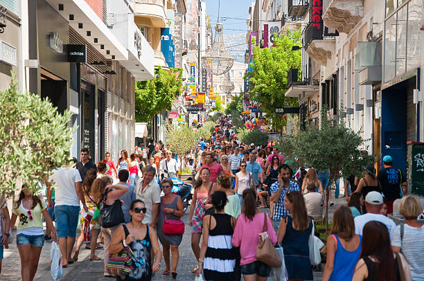 Ermou Street, various stores along the street, people go shopping. stock photo