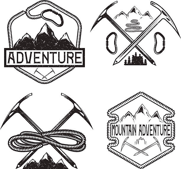 ilustraciones, imágenes clip art, dibujos animados e iconos de stock de conjunto de etiquetas vintage grunge aventura a las montañas - sunset winter mountain peak european alps