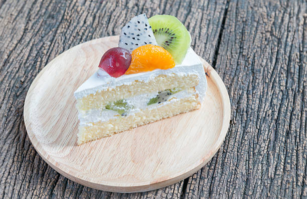 istock Slice friuts cake on wood plate 480076424