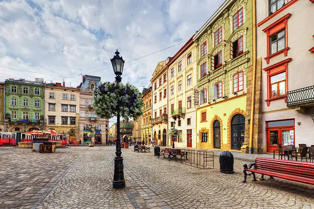 The corner of Rynok Square and view of Latin Cathedral in Lviv, Ukraine