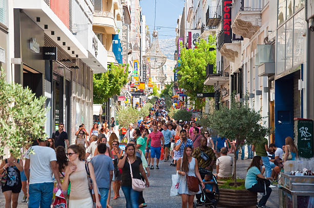 Shopping on Ermou Street and various stores. Athens. stock photo