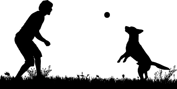 Vector silhouette of a man with a dog on a meadow.