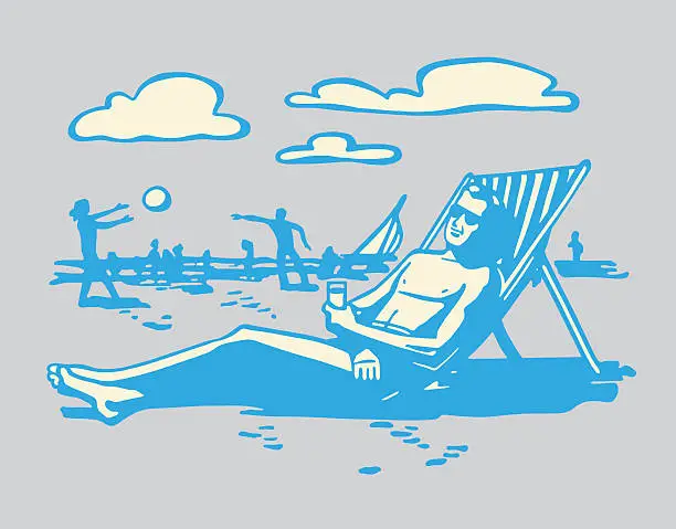 Vector illustration of Man Sitting in Chair on the Beach