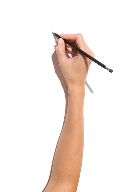 Hand Writing Something Close up of woman's hand holding black pencil with rubber. Studio shot on white background with shadow. hand drawing stock pictures, royalty-free photos & images