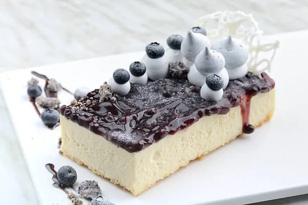 Rectangular blueberry cheese cake close up