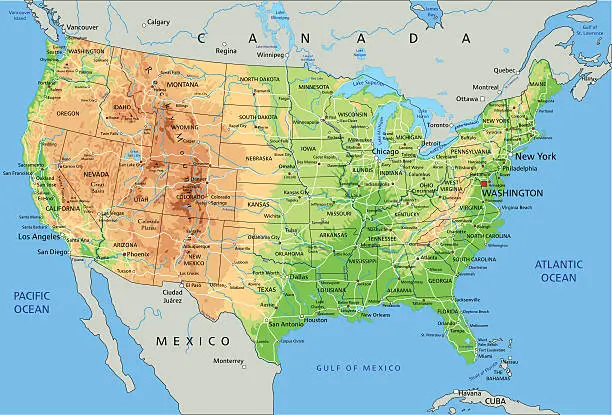 Vector illustration of High detailed physical map of  United States of America.