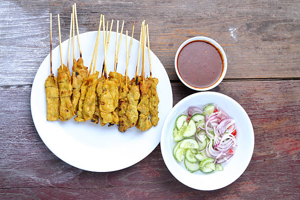 istock Pork Satay with Peanut Sauce, Wood table background.View from above. 480096748