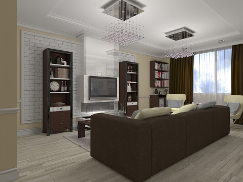 3D render of a drawing room and kitchen in style eclecticism in beige and brown tones