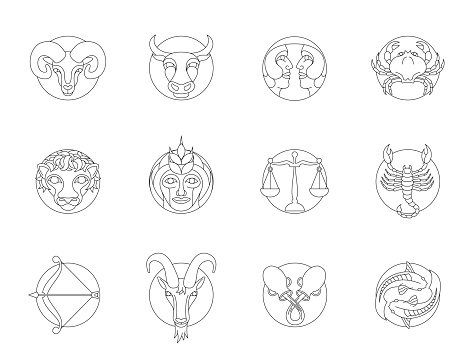 Set of circular zodiac signs with outlines