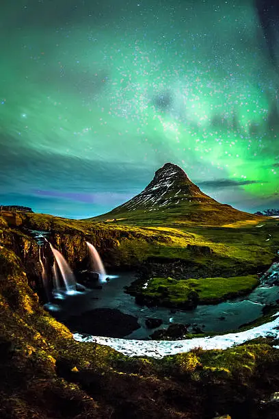 Aurora borealis at Mount Kirkjufell Iceland