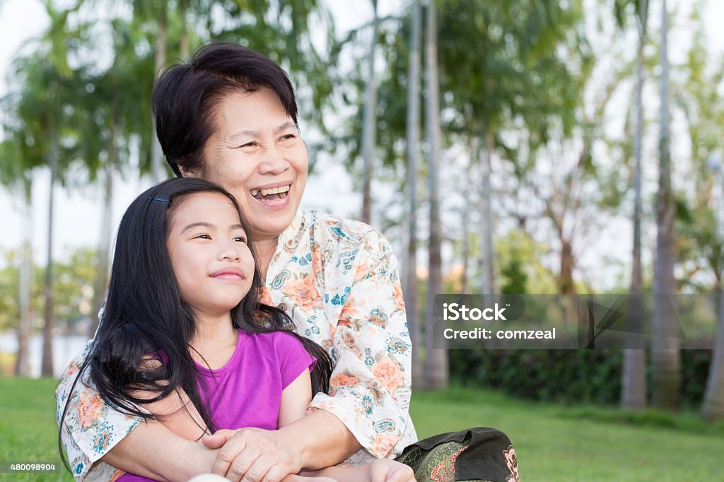 Grandma and grandchild hugging in the park 2015 Stock Photo