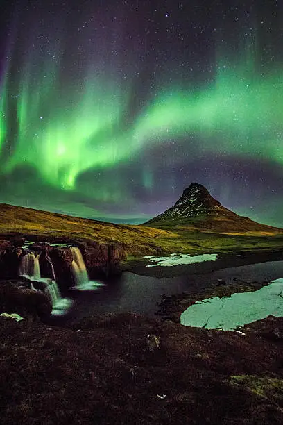 Aurora borealis at Mount Kirkjufell Iceland
