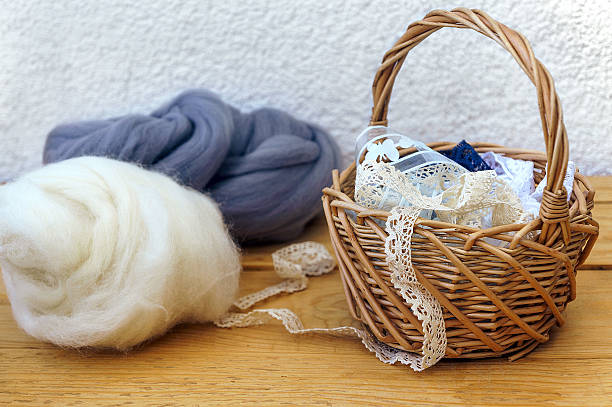 istock Wool for felting and lace in a basket 480105354