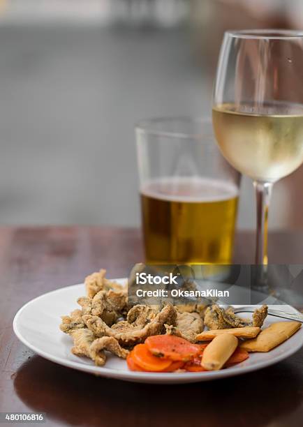 Fried Anchovies White Wine And Beer At A Street Bar Stock Photo - Download Image Now