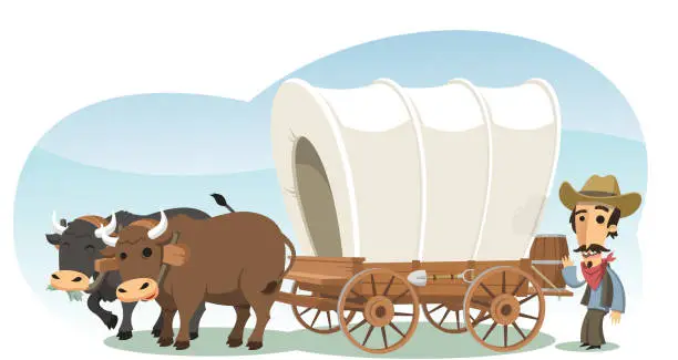 Vector illustration of Pioneer with animal drawn wagon