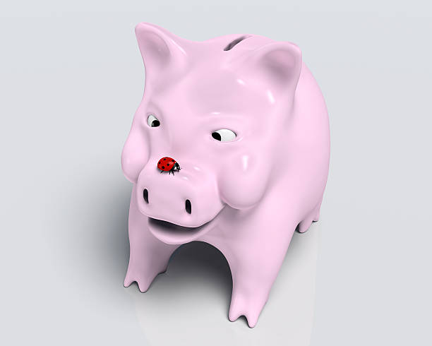 istock Smiling piggy bank with ladybug on nose 480113493