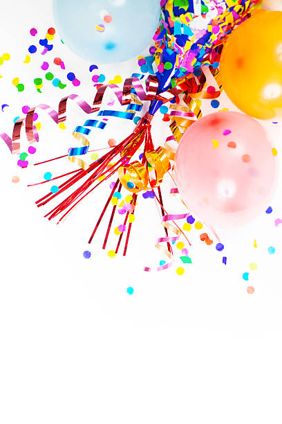 Party Hats, Balloons, Confetti, Ribbons stock photo
