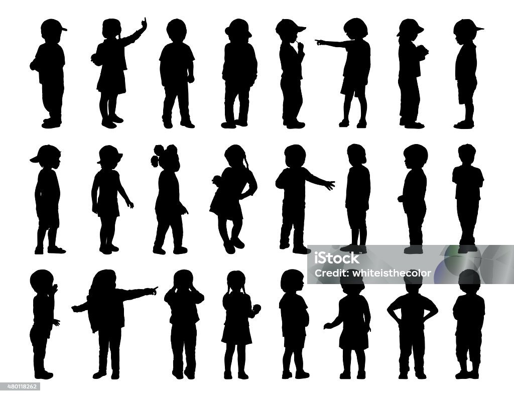 big set of children standing silhouettes 1 silhouettes of children of 2-6 years old standing in different postures, front, back and profile view, summertime Child stock illustration