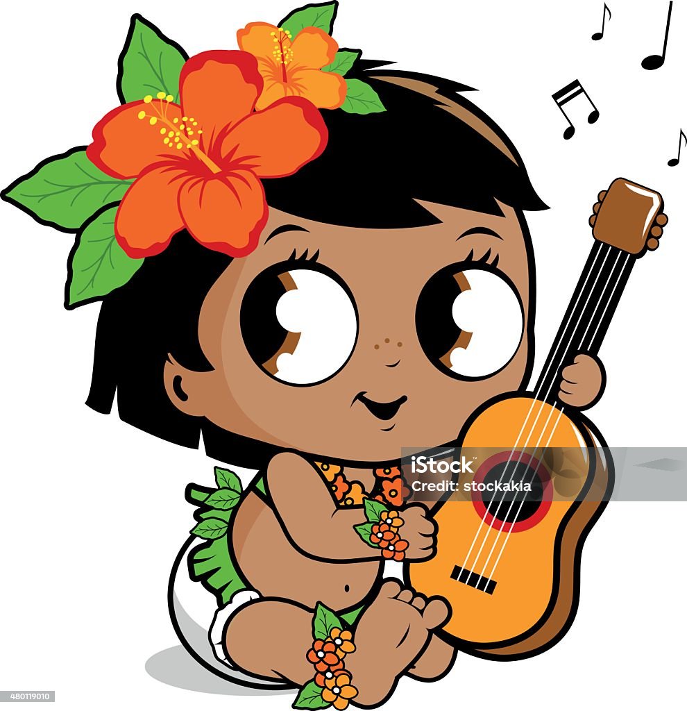 Hawaiian baby girl playing the ukulele Vector illustration of a cute Hawaiian baby wearing a grass skirt, diaper, hibiscus flowers and garland playing music with her ukulele.  12-17 Months stock vector