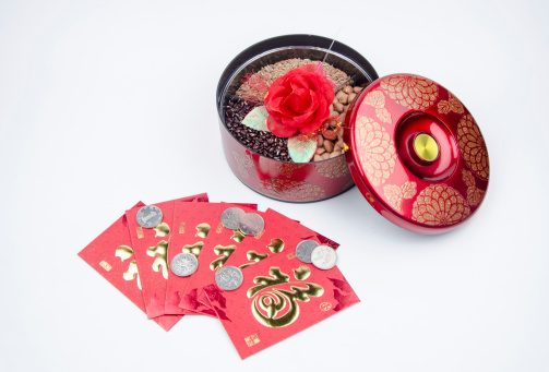 Chinese Candy Box，COINS and Red Envelopes, Closeup.