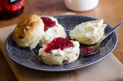 Fresh homemade scones with clotted cream and jam