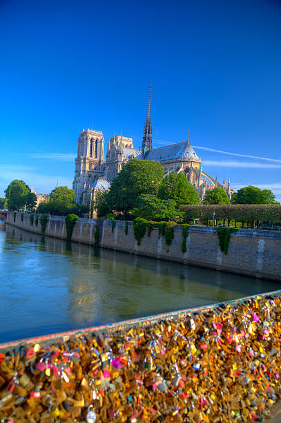 Gorgeous sunset over Notre Dame cathedral with puffy clouds, Par