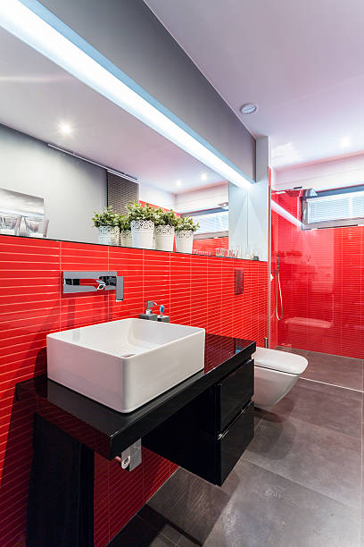 istock Designer toilet with red tiles 480122018