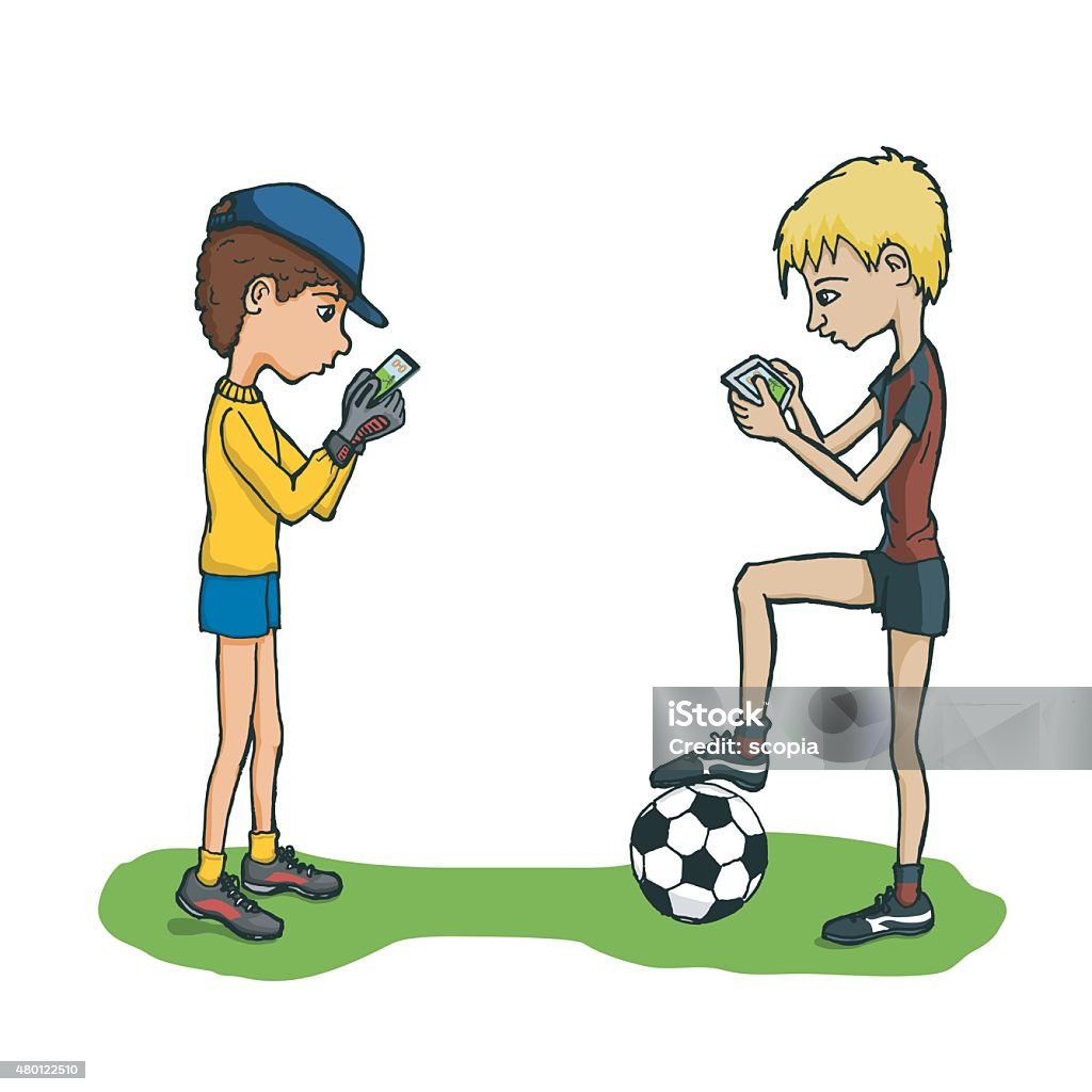 Children playing football with tablets Two kids with a ball, short trousers and sport shoes, playing with tablets in a football field. They are missing the physical exercise they should do at their age because the tablets are capturing their time. 2015 stock vector