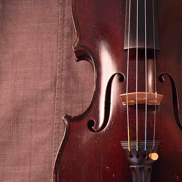 Antique violin against gray fabric background, square Old violin against gray seamed fabric. Violin is an antique from the early 1800's in a dark stain (original finish). Square image with copy space. violin f hole stock pictures, royalty-free photos & images