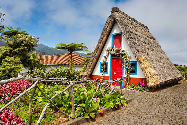 Traditional rural house in Santana Madeira, Portugal. stock photo