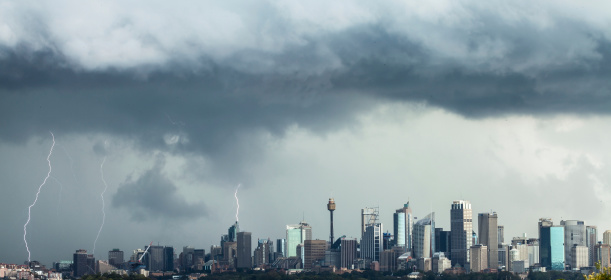 Three lightning bolts strike Sydney buildings int the Central Business District (downtown core) during the dramatic storm on March 5, 2014