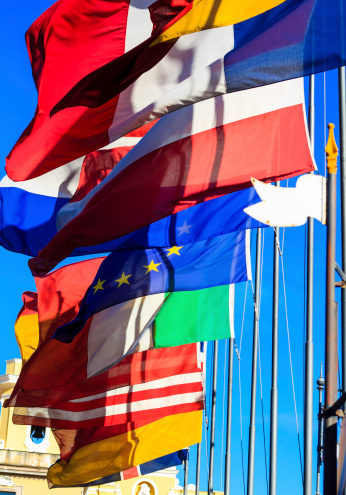 European flags against blue sky