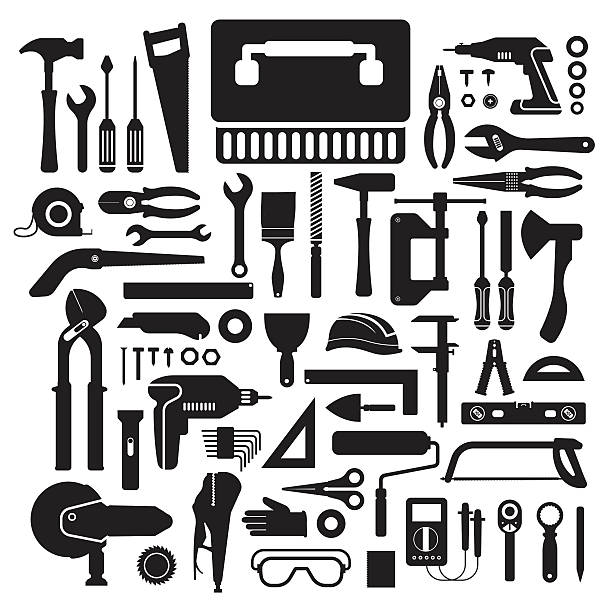 ilustrações, clipart, desenhos animados e ícones de mão caixa de ferramentas de trabalho - hand tool box white background work tool