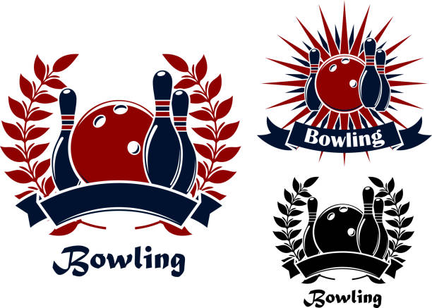 ilustrações, clipart, desenhos animados e ícones de boliche emblems retrô com bolas e ninepins - retro revival bowling red blue
