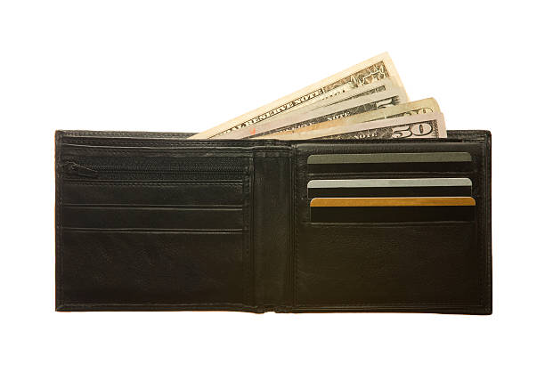 Black leather wallet with Dollar notes and credit cards stock photo