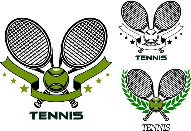Vector illustration of Emblems of crossed tennis rackets with balls