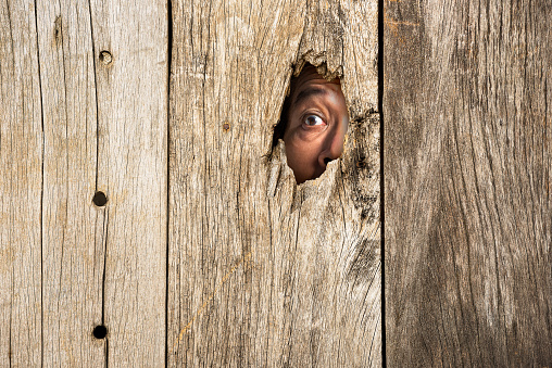 The human eye in wooden hole for hidden from scare concept